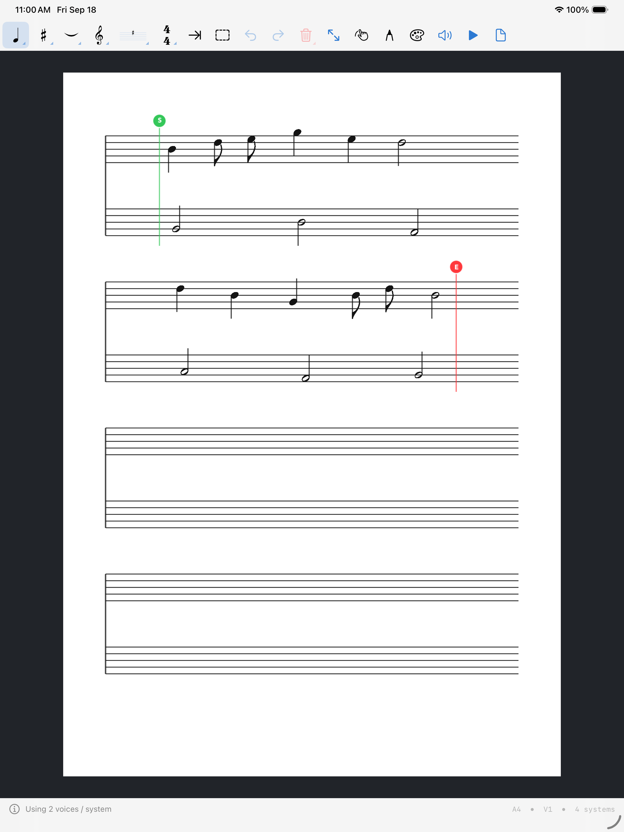 MusicJotter 2 showing melody and accompaniment on two staves