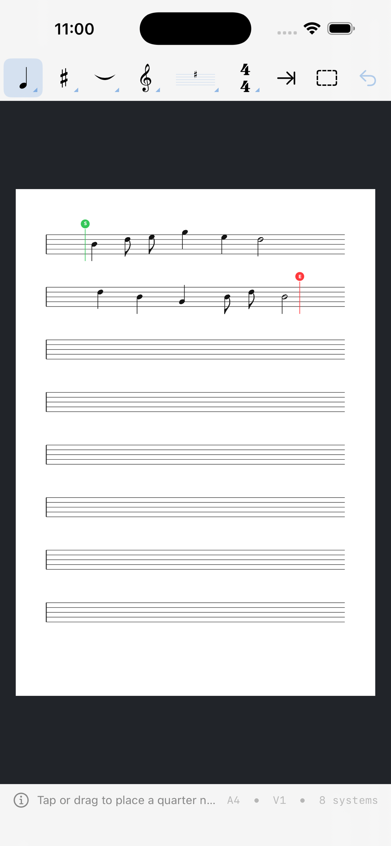 MusicJotter 2 notation editor showing a short melody and playback range
