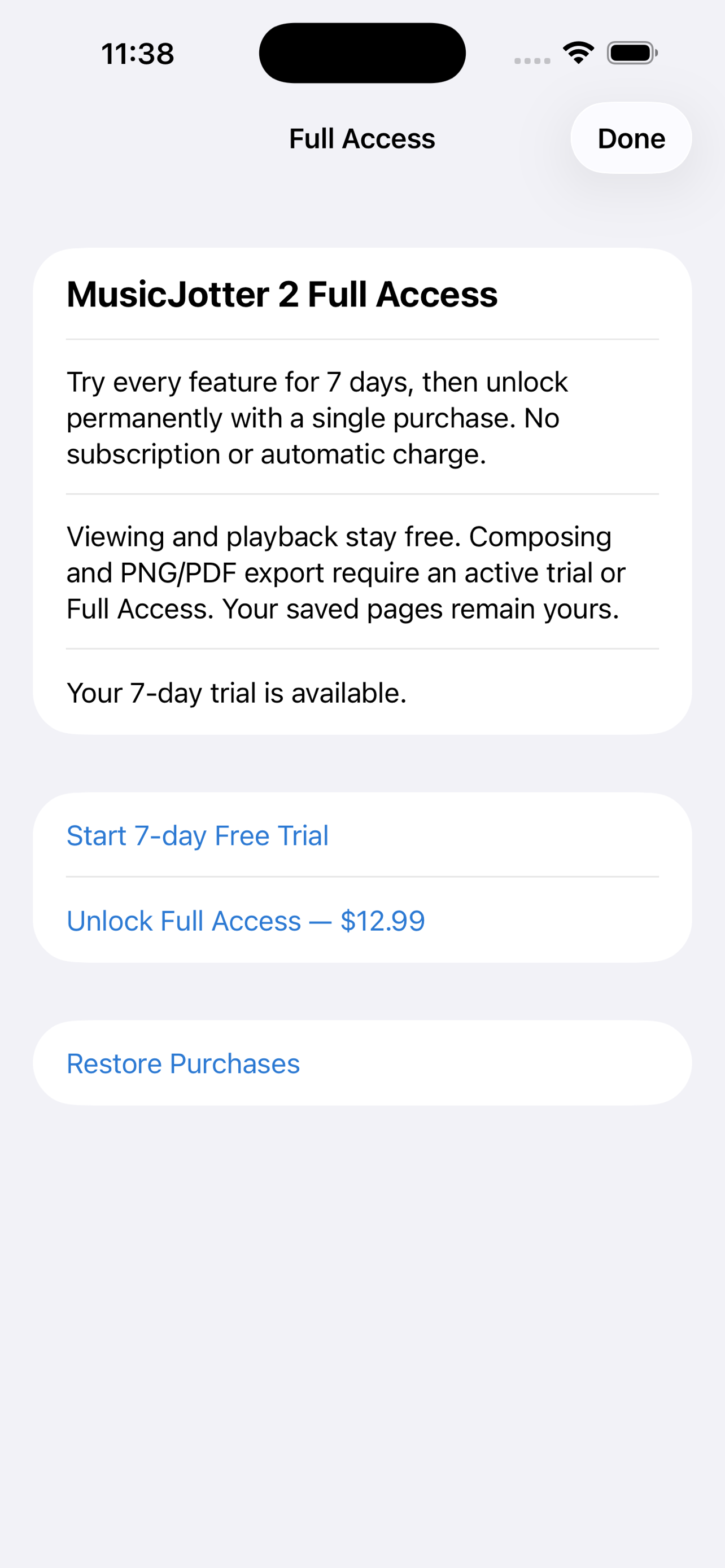 MusicJotter 2 Full Access screen showing a free seven-day trial and a $12.99 lifetime purchase