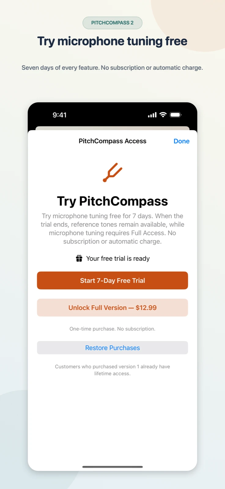 PitchCompass access screen offering a free seven-day microphone-tuning trial and one-time Full Access purchase