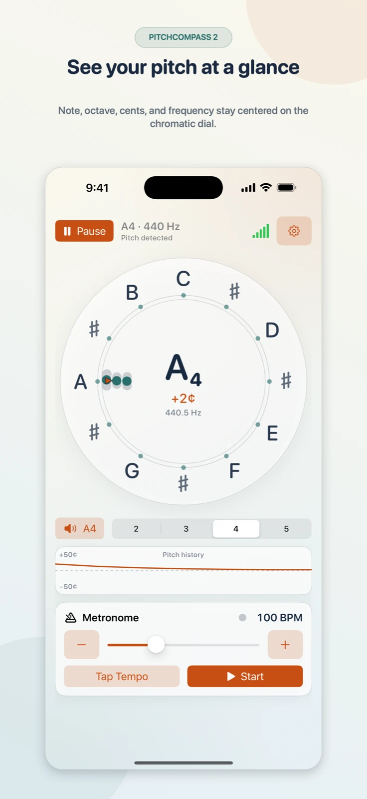 PitchCompass 2 showing an A4 pitch on its circular tuner, with cents history and metronome