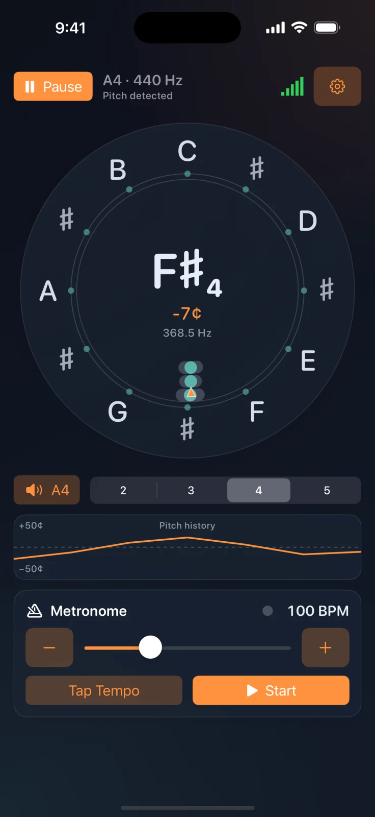 PitchCompass dark mode showing an F-sharp pitch and its recent cents history