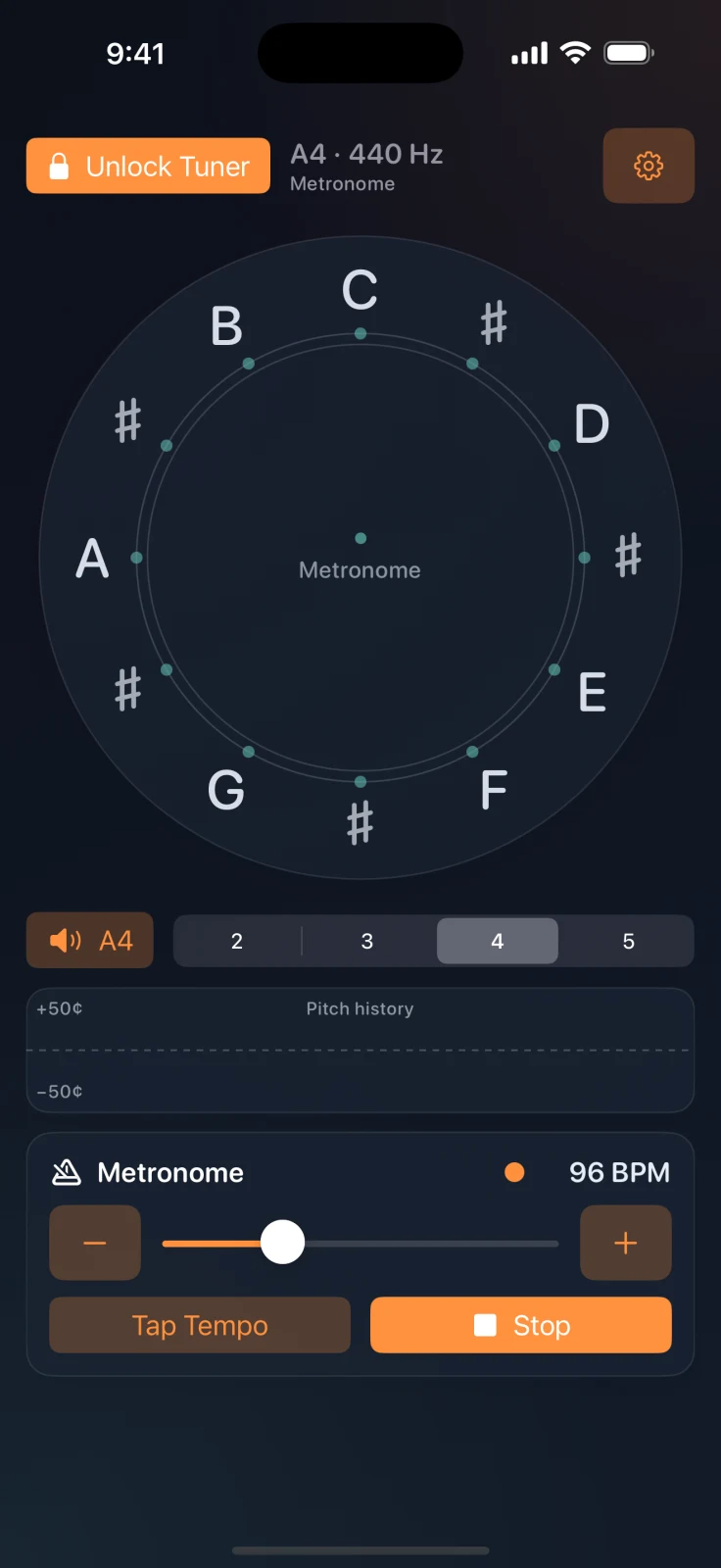 PitchCompass dark mode showing the metronome running at 96 BPM